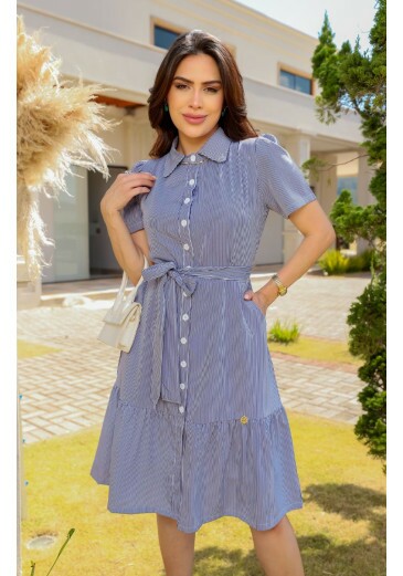 Vestido Leka Em  Crepe Listrado Azul Maria Amore Primavera/Verão 2026