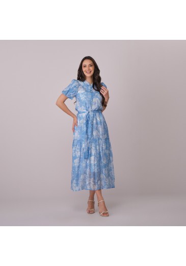 Vestido Juliana Em Silky Voil Floral Azul Tata Martello Primavera/Verão 2026
