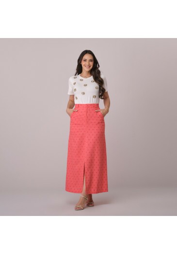 Saia Celina Em Linho Bordado Coral Tata Martello Primavera/Verão 2026