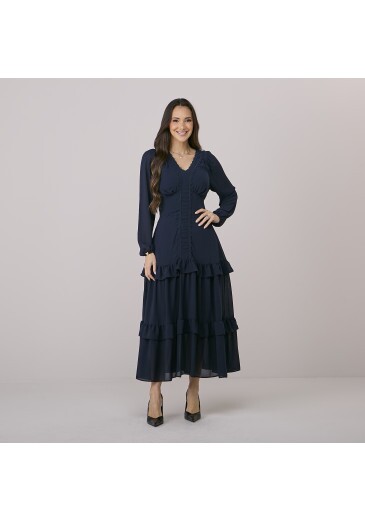 Vestido Joice Em Crepe Azul Marinho Tata Martello Outono/Inverno 2026