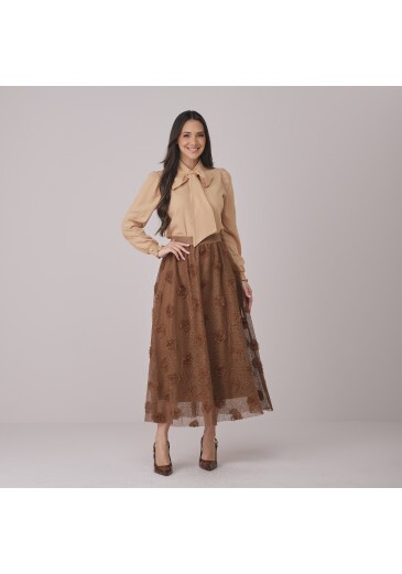 Saia Morgana Em Renda Com Flor Marrom Tata Martello Outono/Inverno 2026