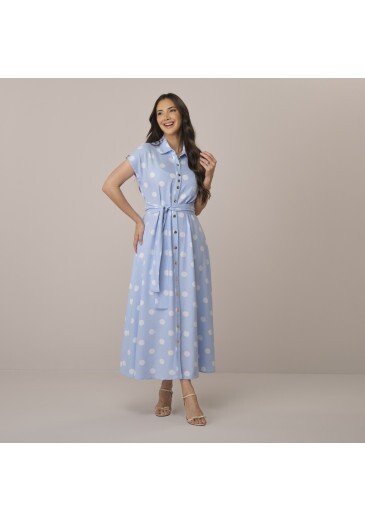 Vestido Janaina Em Linho Poa Azul Tatá Martello  Primavera/Verão 2027