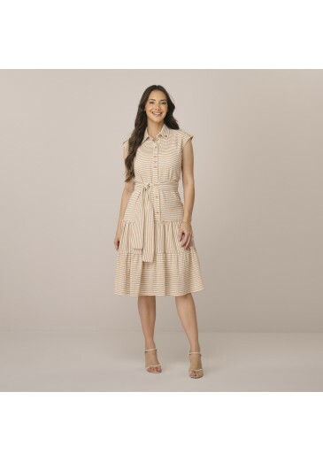 Vestido Lauany Em Linen Stripe Bege Tata Martello Primavera/Verão 2026