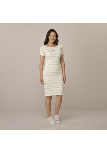 Vestido Janys Em Malha Rib Listrado Bege Tata Martello Primavera/Verão 2026