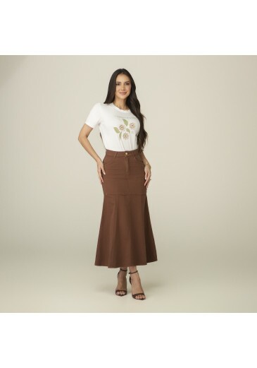 Saia Simaria Em Jeans Com Elastano Marrom Tata Martello Primavera/Verão 2027