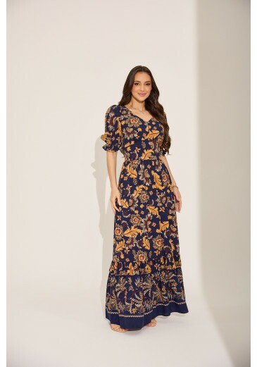 Vestido Lidia Em Viscose Estampado Azul Marinho Tata Martello Primavera/Verão 2027