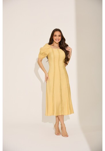 Vestido Micaela Em Alfaiataria Zurique Com Renda Amarelo Tata Martello Primavera/Verão 2027