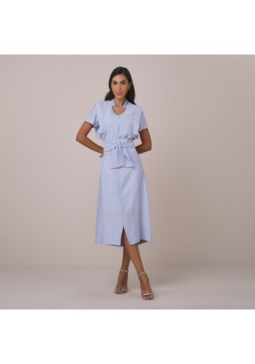 Vestido Maura Em Rayon Linho Azul Tatá Martello  Primavera/Verão 2026