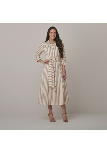 Vestido Safira Em Algodão Listrado Bege Tata Martello  Outono/Inverno 2026
