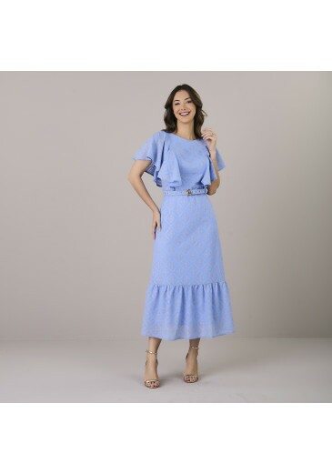 Vestido Cleuza Em Chiffon Bari Com Brilho Azul Tatá Martello Alto Verão 2025