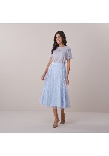 Saia Rita Em Tule Flowers Azul Tata Martello Primavera/Verão 2026