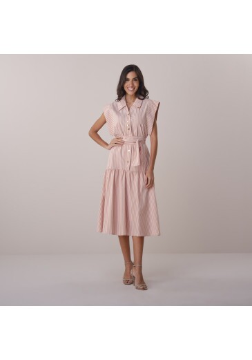 Vestido Natany Em Cotton Stripe Bege Tatá Martello Primavera/Verão 2026