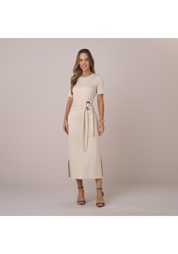Vestido Marcia Em Malha Vicenza Bege Tatá Martello  Primavera/Verão 2026