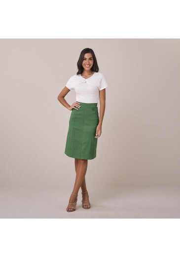 Saia Lena Em Bengaline Slub Verde Tatá Martello Primavera/Verão 2026