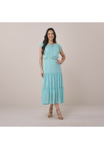 Vestido Edneia Em Chiffon Poa Azul Tatá Martello Primavera/Verão 2026