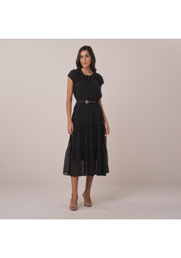 Vestido Edneia Em Chiffon Poa Preto Tatá Martello Primavera/Verão 2026