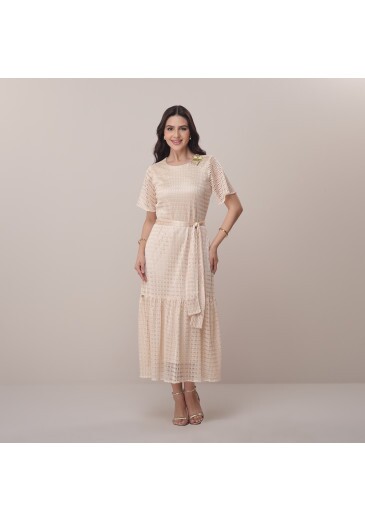 Vestido Jane Em Malha Crochet Bege Tatá Martello Primavera/Verão 2026