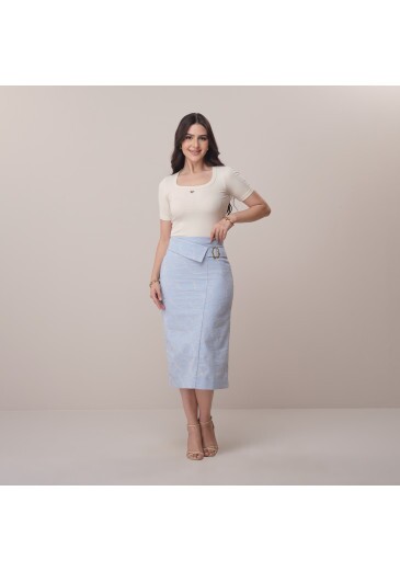 Saia Fernanda Em Linho Azul Tatá Martello Primavera/Verão 2026