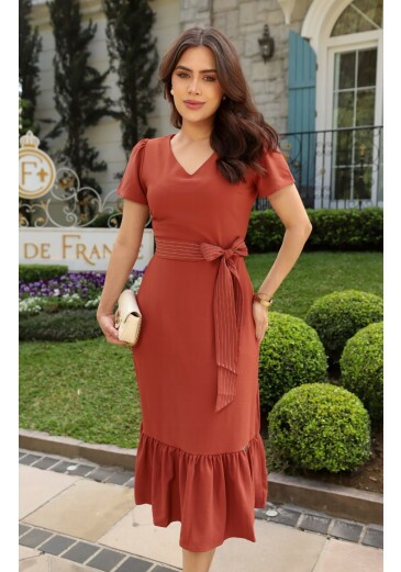 Vestido Thereza Em Crepe Telha Maria Amore Primavera/Verão 2026