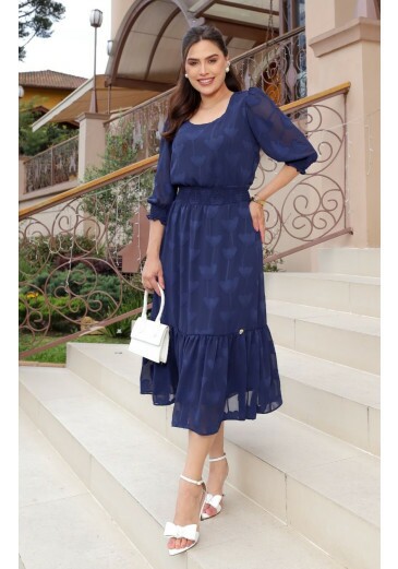Vestido Joana Em Viscose Maquinetada Azul Maria Amore Primavera/Verão 2026