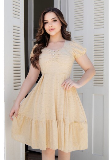 Vestido Ana Em Lese de Algodão Amarelo Maria Amore Primavera/Verão 2026