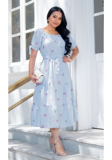 Vestido Eloá Em Tricoline Bordado Azul Maria Amore Primavera/Verão 2026