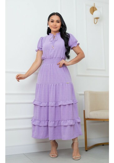 Vestido Luana Em Crepe Maquinetado Lilás Maria Amore Primavera/Verão 2026
