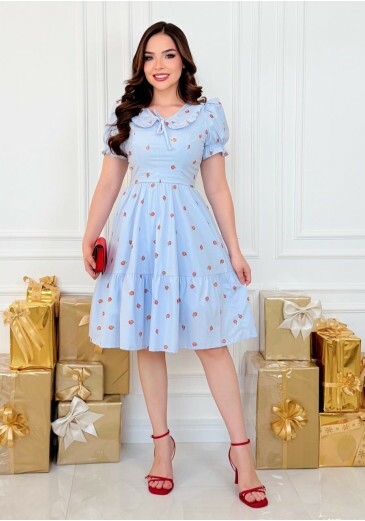 Vestido Érica Em Tricoline Azul Maria Amore Primavera/Verão 2026