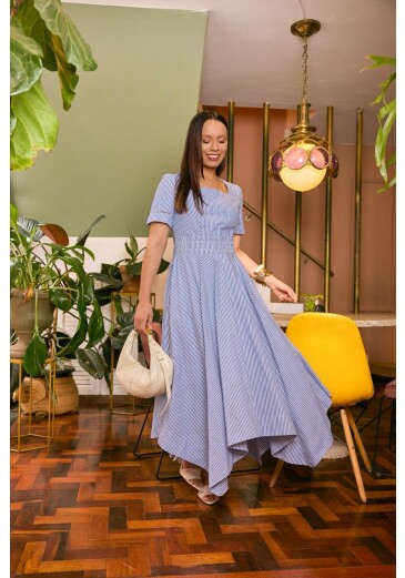 Vestido Ana Em Tricoline Listrado Azul Jany Pim Primavera/Verão 2027