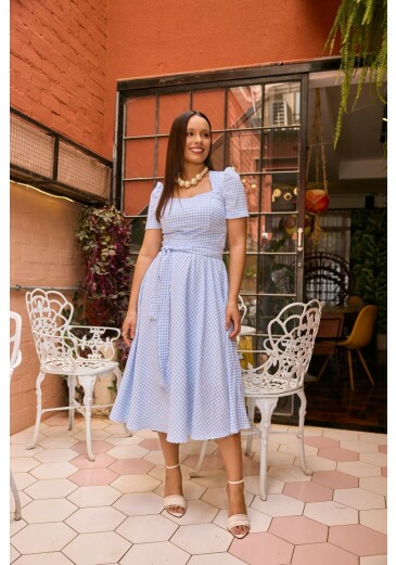 Vestido Valdirene Em Vichy Azul Jany Pim Primavera/Verão 2027