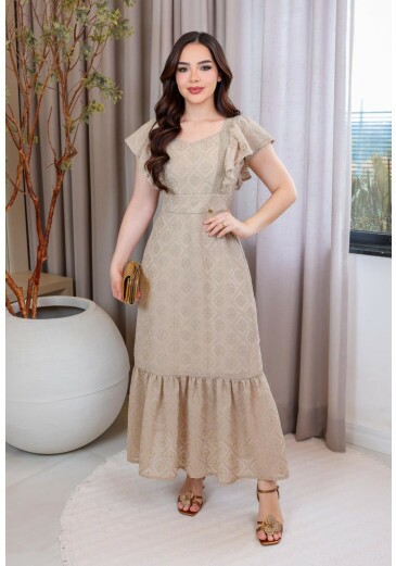 Vestido Rejane Em Chiffon Bordado Bege Maria Amore Outono/Inverno 2026
