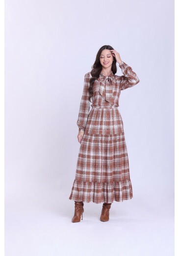 Vestido Celeste Em Tecido Plano Xadrez Caramelo Hapuk Outono/Inverno 2026