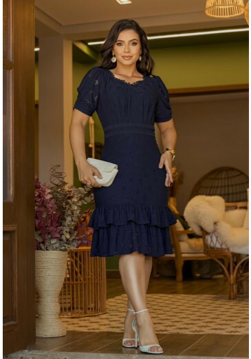 Vestido Liliane Em Lese De Malha Azul Noite Maria Amore Outono/Inverno 2026
