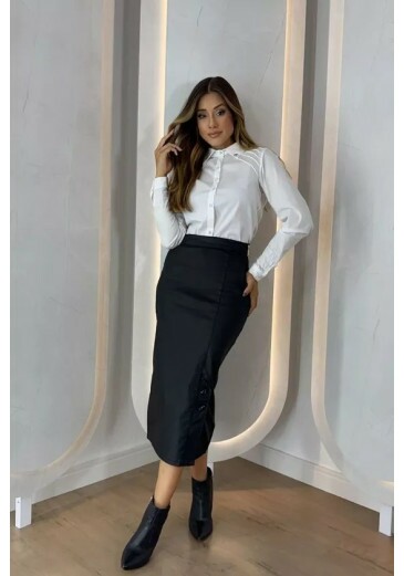 Saia Adele Em Jeans Resinado Preto Nitido Outono/Inverno 2026