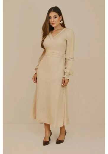 Vestido Midi Nilza Em Viscose Bege Nitido Outono/Inverno 2026