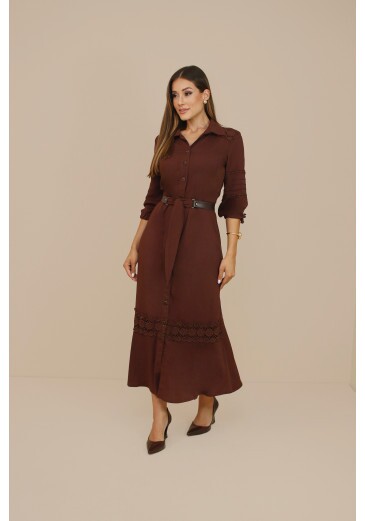 Vestido Afrodite Em Chemisie Visco Linho Marrom Plus Size Nitido Outono/Inveno 2026