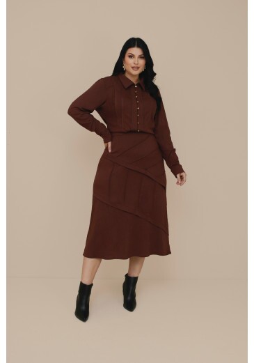 Saia Selen Em Midi Visco Linho Plus Size Marrom Nitido Outono/Inverno 2026