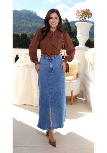 Saia Fabiola Em Jeans Claro Maria Amore Outono/Inverno 2026