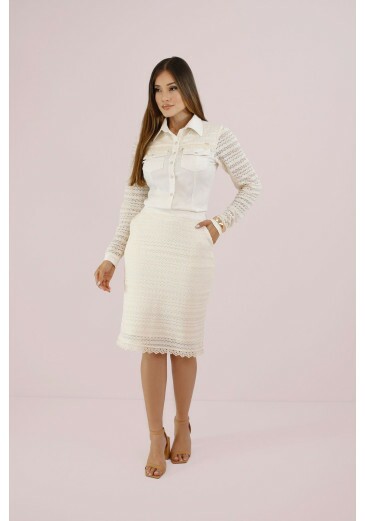 Saia Ester Em Tela Crochet Off White Nitido Outono/Inveno 2026