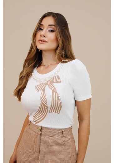 T-shirt Camila Em Malha Canelada Bege Nitido Outono/Inverno 2026