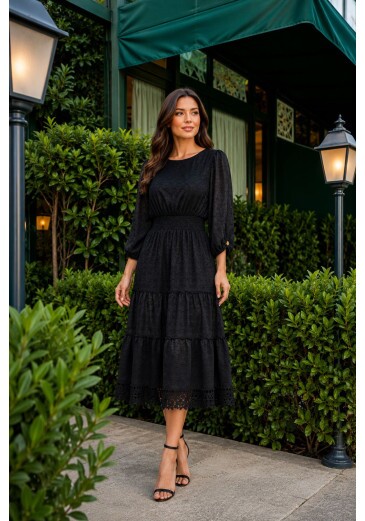 Vestido Lana Em Chiffon Trabalhado Preto Maria Amore Outono/Inverno 2026