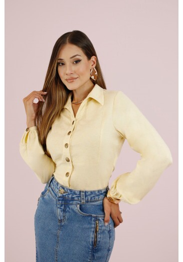 Camisa Helen Em Tecido Cora De Viscose Com Linho Amarelo Nitido Outono/Inverno 2026
