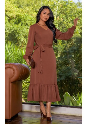 Vestido Eliete Em Crepe Pele De Pêssego Marrom Maria Amore Outono/Inverno 2026