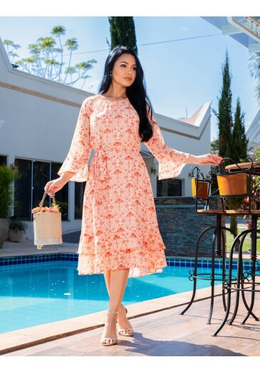 Vestido Milena Em Chiffon Trabalhado C/ Fios De Lurex Laranja Maria Amore Primavera/Verão 2027