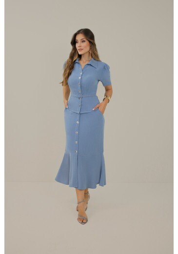 Saia Clara Em Viscose Estonada Azul Novo Nitido Primavera/Verão 2027