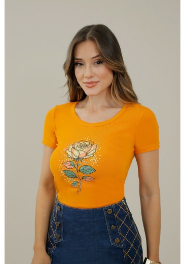 T-shirt flower Em Canelada De Viscose Laranja Nitido Primavera/Verão 2027