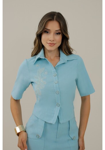 Camisa Yara Em Alfaiataria De Viscose Azul Turquesa Nitido Primavera/Verão 2027