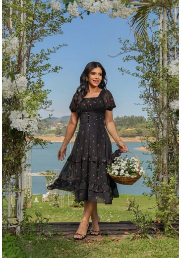 Vestido Lara Em Chiffon Estampado Preto Maria Amore Primavera/Verão 2027