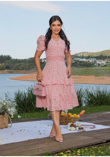 Vestido Clarita Em Sedinha Estampada Rosa Maria Amore Primavera/Verão 2027
