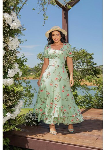 Vestido Gleide Em Sedinha Estampada Verde Maria Amore Primavera/Verão 2027